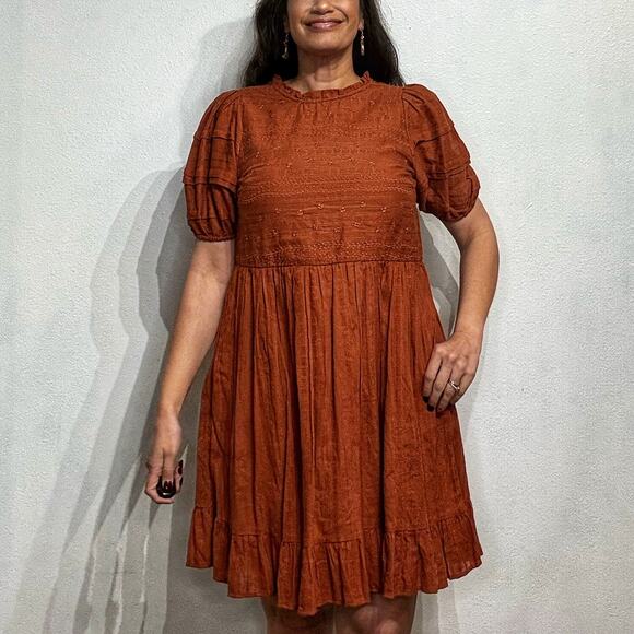 Universal Thread Burnt Orange Puff Sleeve Embroidered Dress Sz S NWT - Picture 1 of 12